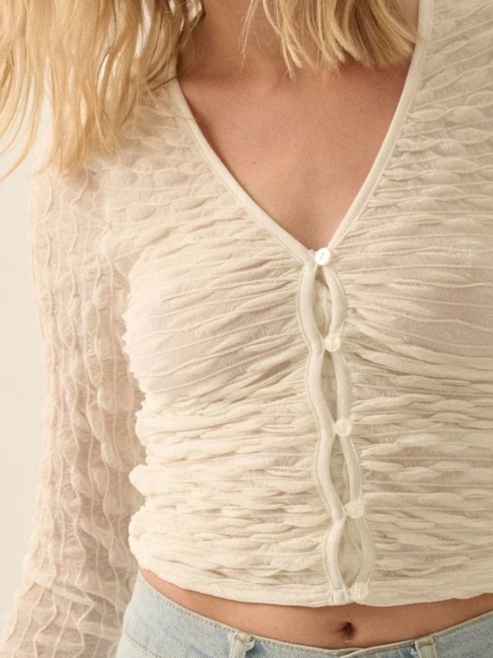 Magnolia Cream Ruched V-Neck Button Front Blouse